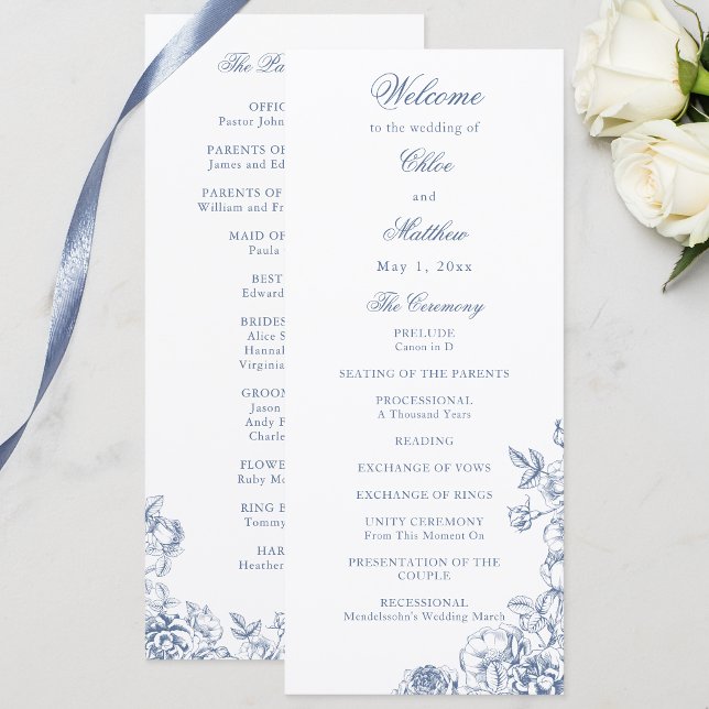 Classic Elegant Dusty Blue Floral Wedding Programme (Creator Uploaded)
