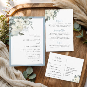 Classic Elegant Dusty Blue Ivory Floral Wedding Invitation