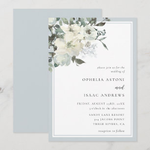 Classic Elegant Dusty Blue Ivory Floral Wedding Invitation