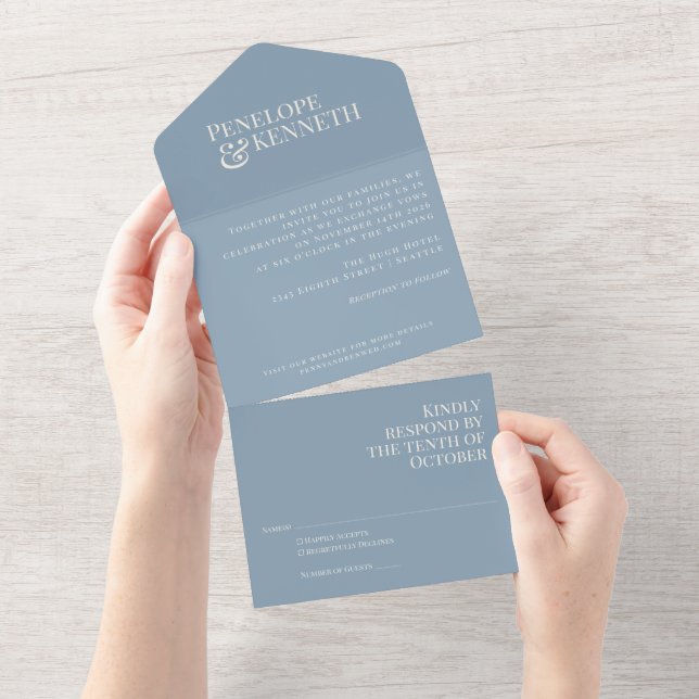 Classic Elegant Dusty Blue Typography Wedding All In One Invitation (Tearaway)