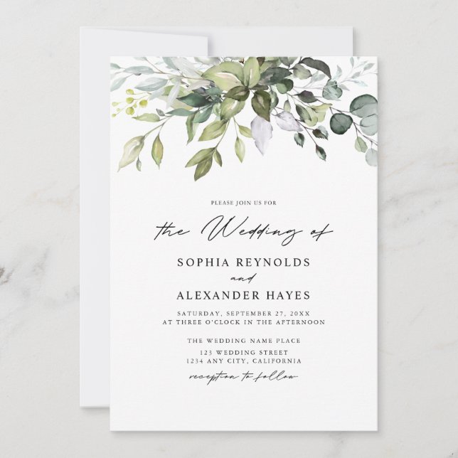 Classic Elegant Eucalyptus Leaves & Script Wedding Invitation (Front)