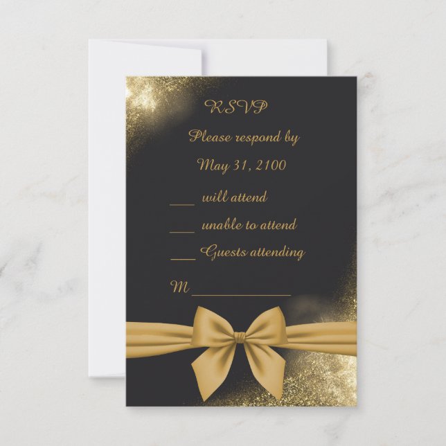 classic elegant filigree  black golden wedding RSVP card (Front)