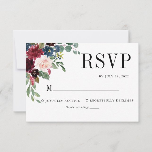 Classic Elegant Floral Burgundy Navy Blue Wedding RSVP Card (Front)
