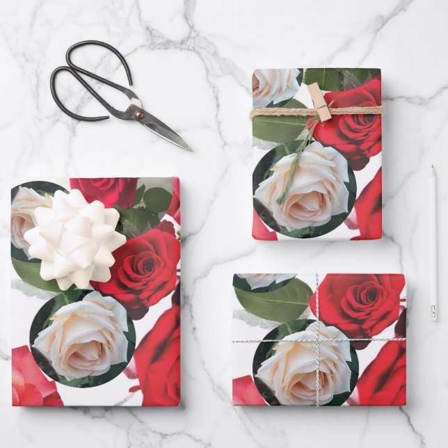 Classic elegant floral chic red,cream,pink roses wrapping paper sheet (Front)