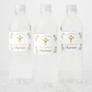 Classic Elegant Floral Gold Cross Baptism Water Bottle Label