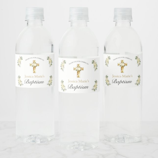 Classic Elegant Floral Gold Cross Baptism Water Bottle Label (Bottles)