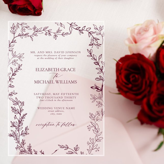 Classic Elegant Formal Burgundy Leafy Wedding Acrylic Invitations (Creator Uploaded)