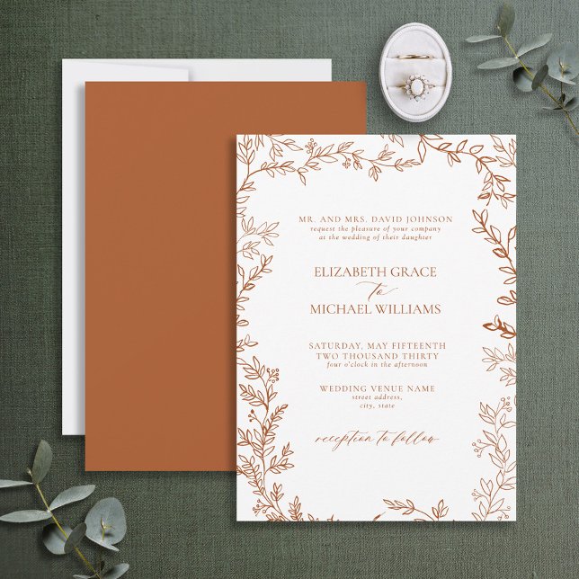 Classic Elegant Formal Burnt Orange Leafy Wedding Invitation (Creator Uploaded)