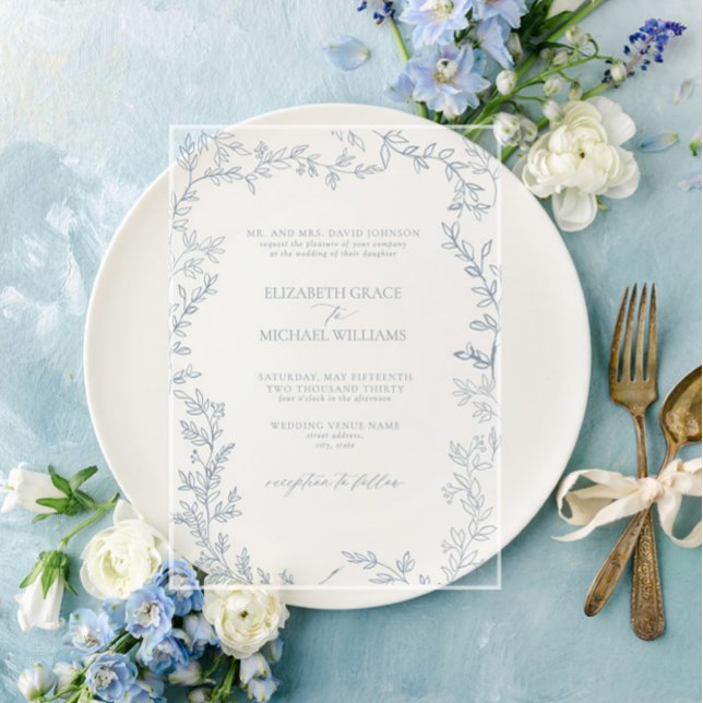Classic Elegant Formal Dusty Blue Leafy Wedding Acrylic Invitations (Creator Uploaded)