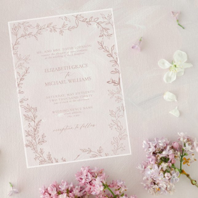 Classic Elegant Formal Dusty Rose Leafy Wedding Acrylic Invitations (Creator Uploaded)