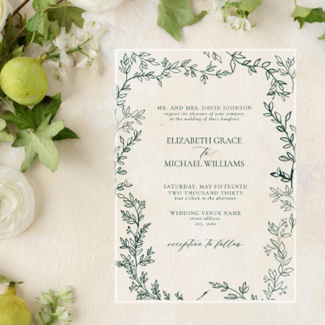 Classic Elegant Formal Emerald Green Leafy Wedding Acrylic Invitations (Creator Uploaded)