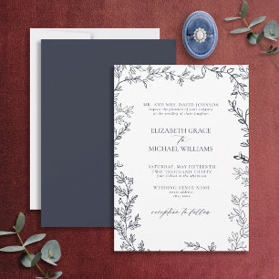 Classic Elegant Formal Navy Blue Leafy Wedding Invitation