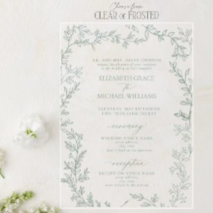 Classic Elegant Formal Sage Green Leafy Wedding Acrylic Invitations