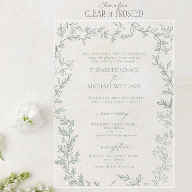 Classic Elegant Formal Sage Green Leafy Wedding Acrylic Invitations (Creator Uploaded)