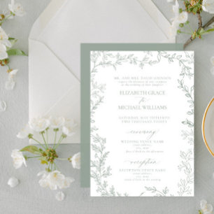 Classic Elegant Formal Sage Green Leafy Wedding Invitation