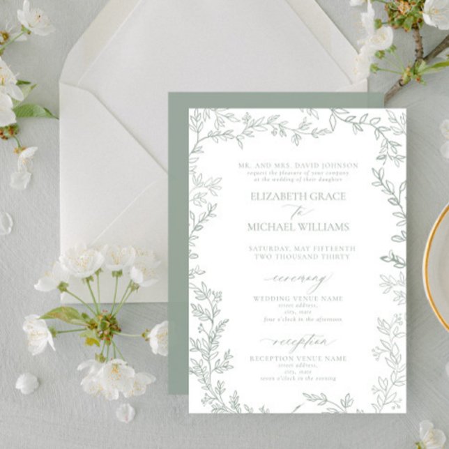 Classic Elegant Formal Sage Green Leafy Wedding Invitation (Creator Uploaded)