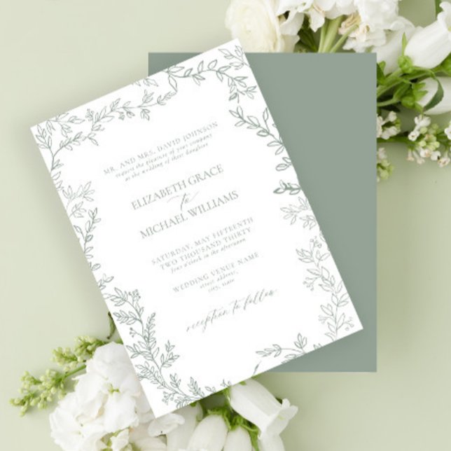 Classic Elegant Formal Sage Green Leafy Wedding Invitation (Creator Uploaded)