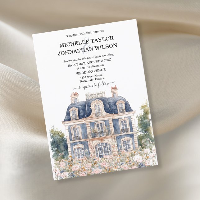 Classic Elegant French Blue Mansion Floral Invitation (french mansion in blue tones)