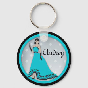 Classic Elegant Girl in Turquoise and Black Key Ring