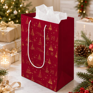 Classic Elegant Gold Christmas Tree Doodles  Medium Gift Bag
