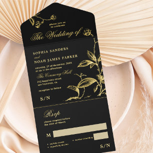 Classic elegant gold foil black wedding RSVP All In One Invitation