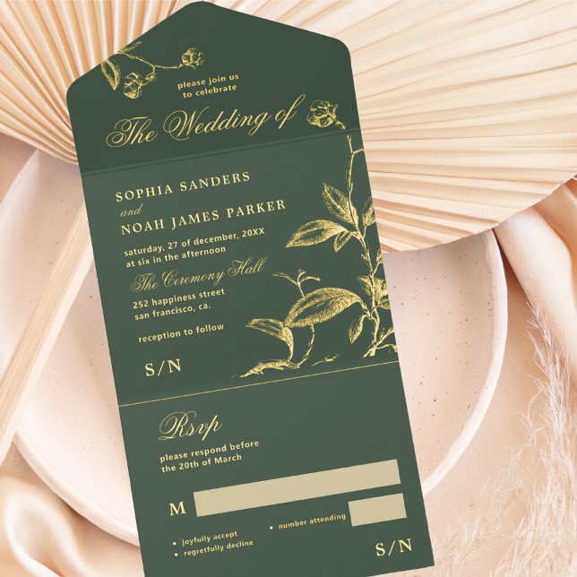 Classic elegant gold foil dark green wedding RSVP All In One Invitation (Creator Uploaded)