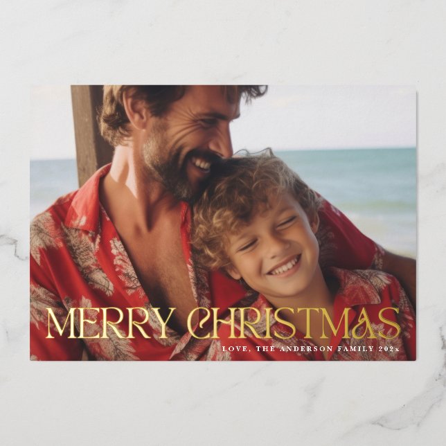 Classic Elegant Gold Merry Christmas Photo Foil Holiday Card (Front)