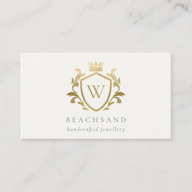 Classic Elegant Gold Monogram Floral Crown Crest Business Card (Front)