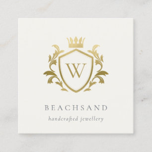 Classic Elegant Gold Monogram Floral Crown Crest  Square Business Card
