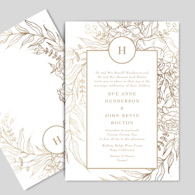 Classic Elegant Gold Monogram Wreath Wedding Invitation (Creator Uploaded)