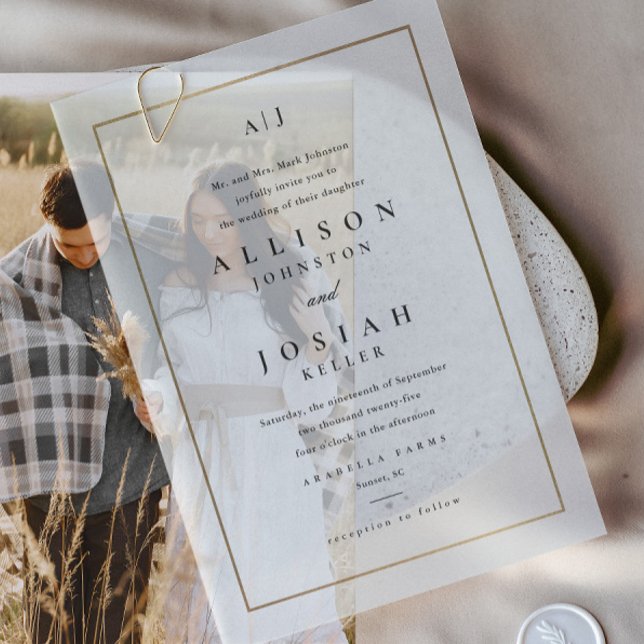 Classic Elegant Gold Photo Overlay Wedding  Vellum Invitations (Elegant Type Gold Frame Vellum Wedding Invitations. Pair with your favorite photo or use on its own.)