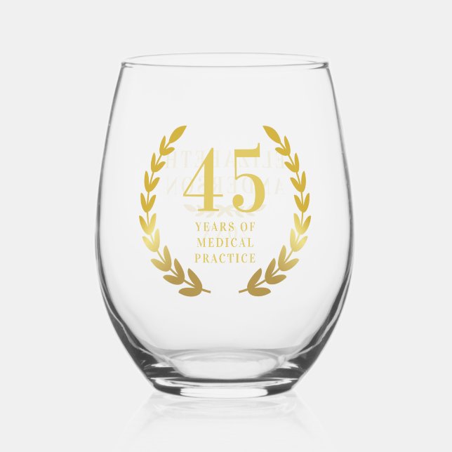 Classic Elegant Gold Wreath Anniversary Date Name  Stemless Wine Glass (Front)