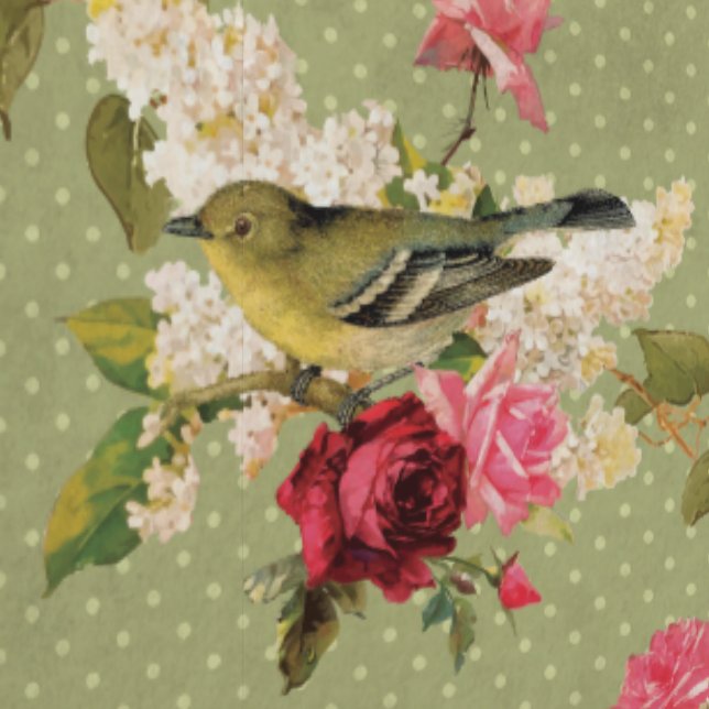 Classic Elegant Green Polka Dot Bird on Florals Wallpaper (Seam)