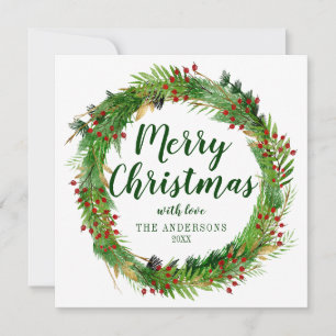 Classic Elegant Green Red Christmas Wreath Photo Holiday Card