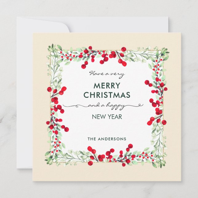 Classic Elegant Green Red Winter Foliage Christmas Holiday Card (Front)
