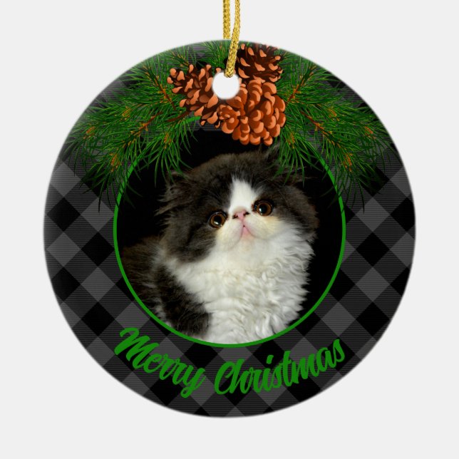 Classic elegant grey black plaid pinecone pet cat  ceramic tree decoration (Front)