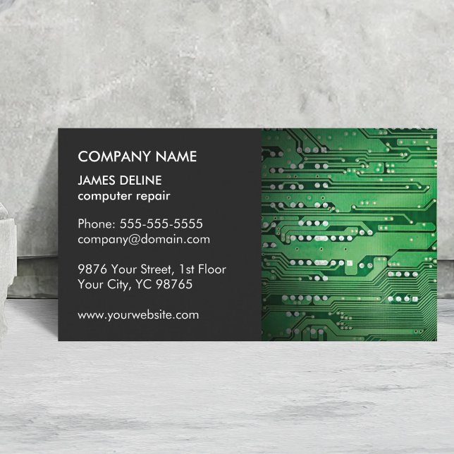 Classic Elegant Grey Green Circuit Computer Repair Business Card (Creator Uploaded)