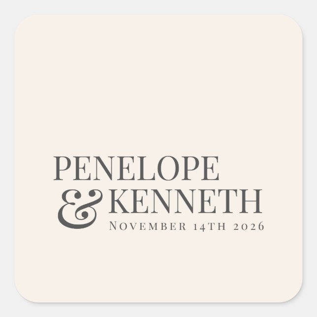 Classic Elegant Ivory Cream Custom Wedding Names Square Sticker (Front)