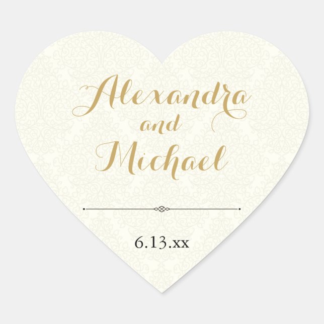 Classic Elegant Ivory Gold Black Damask Wedding Heart Sticker (Front)