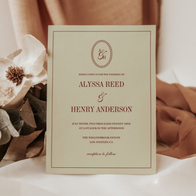 Classic Elegant Ivory & Wine Red Monogram Wedding Invitation (Creator Uploaded)