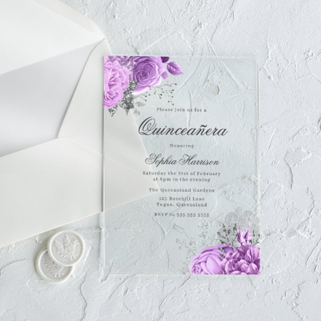 Classic Elegant Lavender Rose & Silver Quinceanera Acrylic Invitations (Creator Uploaded)