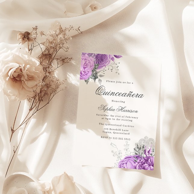 Classic Elegant Lavender Rose & Silver Quinceanera Invitation (Creator Uploaded)