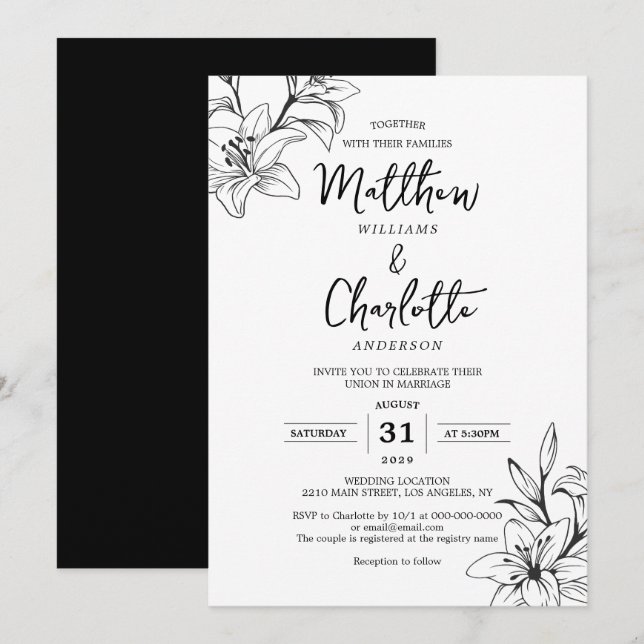 Classic Elegant Lily Flowers Black & White Wedding Invitation (Front/Back)