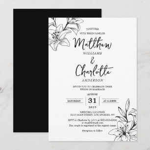 Classic Elegant Lily Flowers Black & White Wedding Invitation
