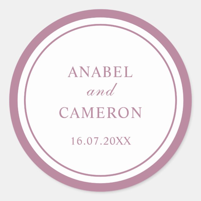 Classic Elegant Mauve Frame Wedding Round Sticker (Front)