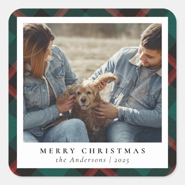 Classic Elegant Merry Christmas Custom Photo Square Sticker (Front)