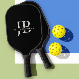 Classic Elegant Monogram and Name Black Pickleball Paddle