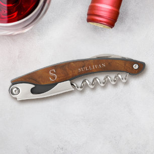 Classic Elegant Monogram Name Wood Grain  Corkscrew
