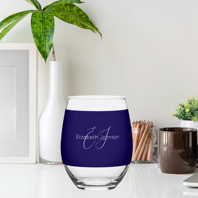classic elegant name customised blue and white stemless wine glass (Creator Uploaded)