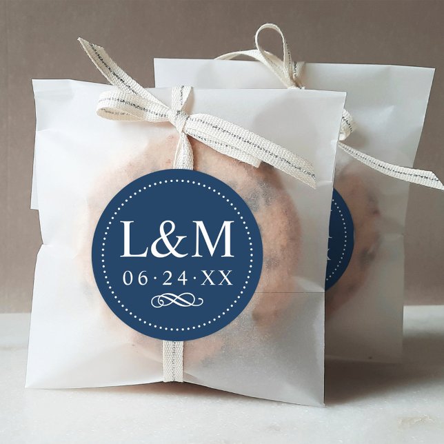 Classic Elegant Navy Blue Custom Wedding Monogram Classic Round Sticker (Creator Uploaded)